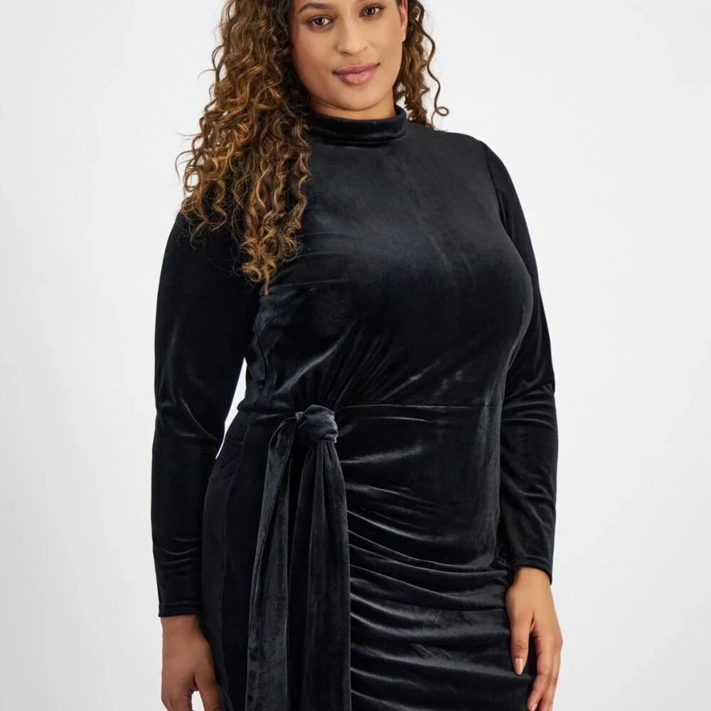 Tahari Plus Size Black Velvet Mock-Neck Draped Bodycon Dress 20W NWT - Picture 8 of 9